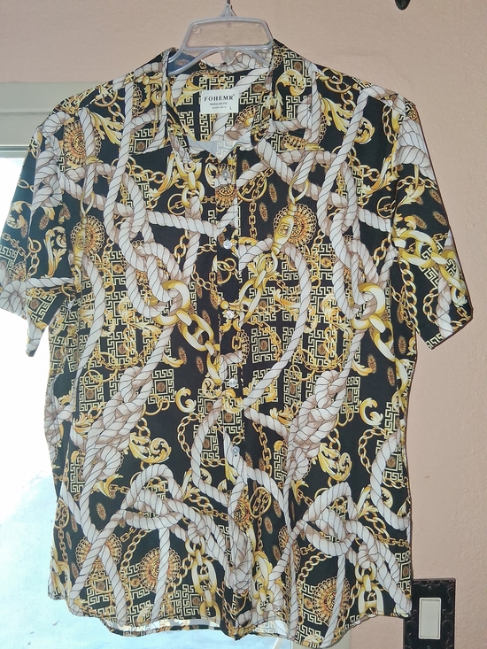 Other - Foherr Men's Short Sleeve Button-Up Shirt - Black & Gold Chain Print